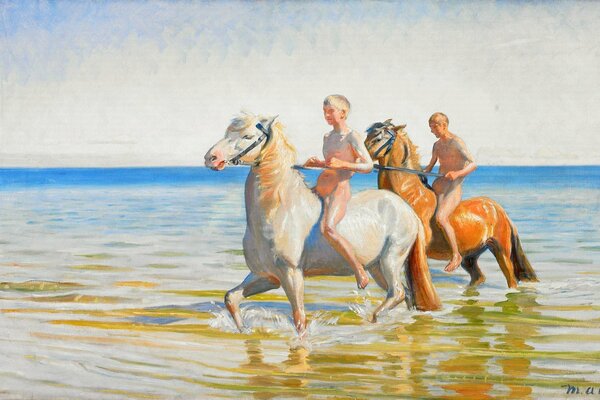 Pintura caballos de baño en el mar