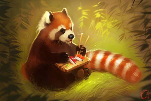 Panda rosso a colazione sush