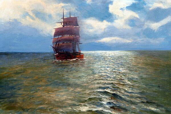 Pintura de un velero en el mar por Alfred Jansen