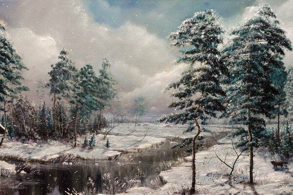 Pintura de paisaje de invierno con árboles altos