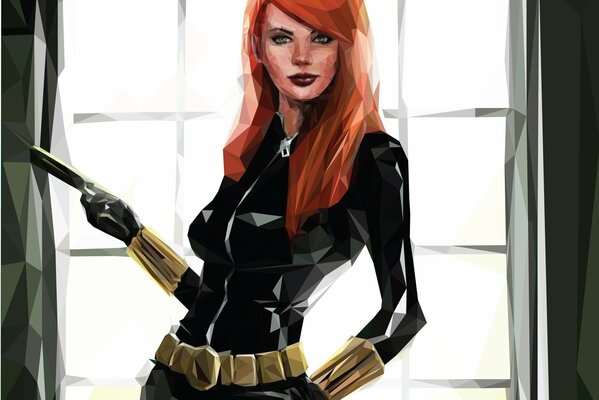 Art red-haired girl in a black suit with a gun in her hand