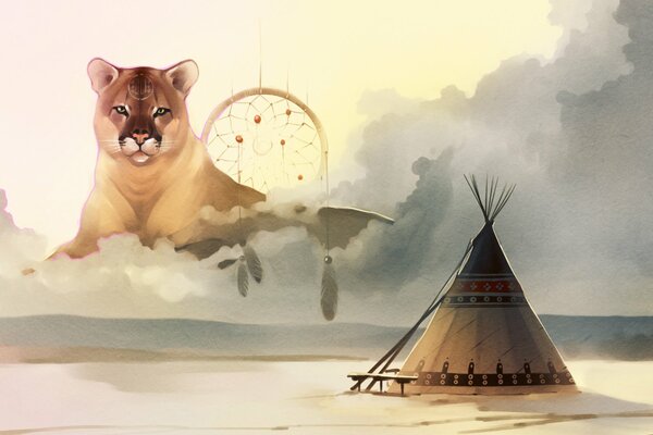 Art cougar lies in the clouds wigwam stands on the ground