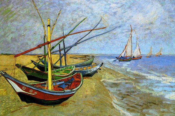 Cuadro De Vincent Van Gogh. Paisaje del barco en la orilla del mar