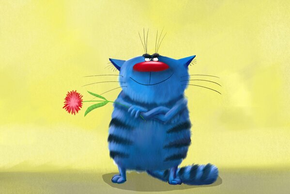 Funny blue cat with aster in his paws will answer your innermost question