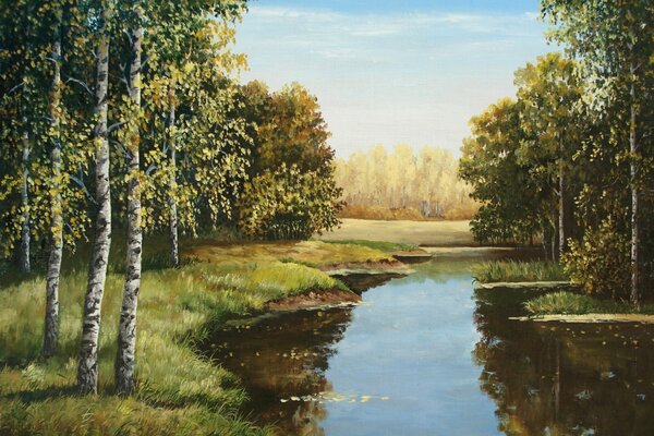 Pintura de agua y bosque de abedules