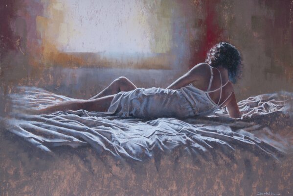 Pintura al óleo. Chica acostada en la cama