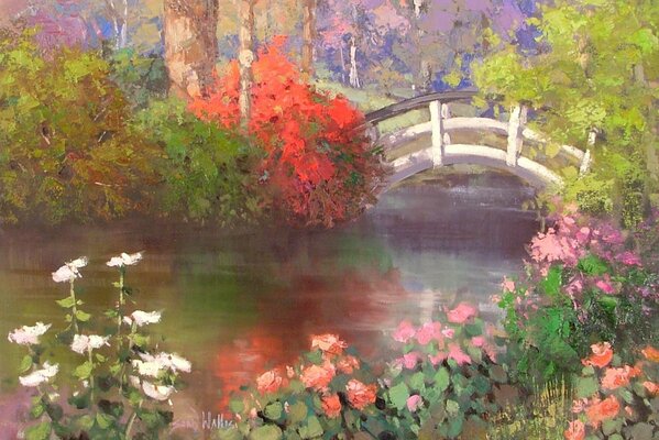 A bridge over a pond with flowers