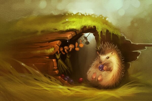 A hedgehog eats a berry at the entrance to its burrow, where supplies for the winter are prepared: mushrooms, berries and herbs