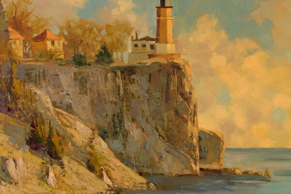 Lighthouse on a cliff above the sea on a sunny day