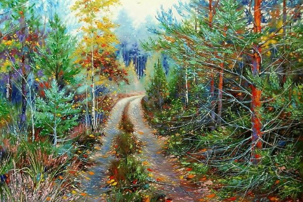 Khodyukov s painting, which depicts a forest road, is painted in oil