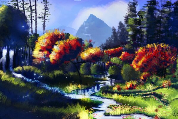 Herbstlandschaft mit Fluss und Bergen