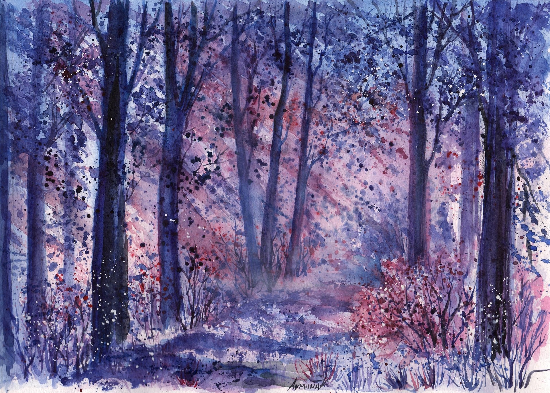 paysage dessiné aquarelle forêt arbres buissons herbe