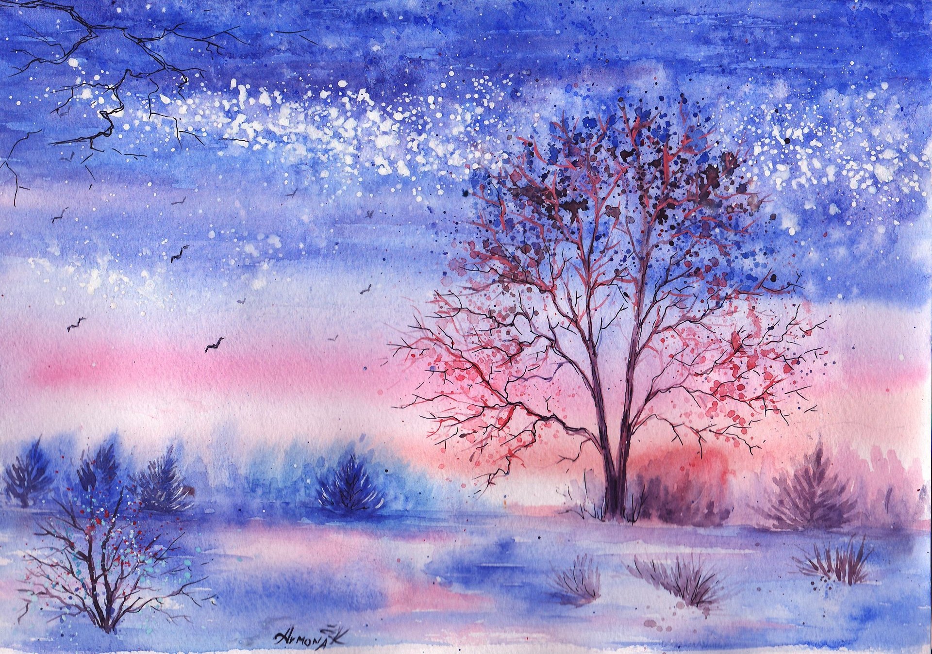 paysage dessiné aquarelle hiver arbres oiseaux buissons lac herbe