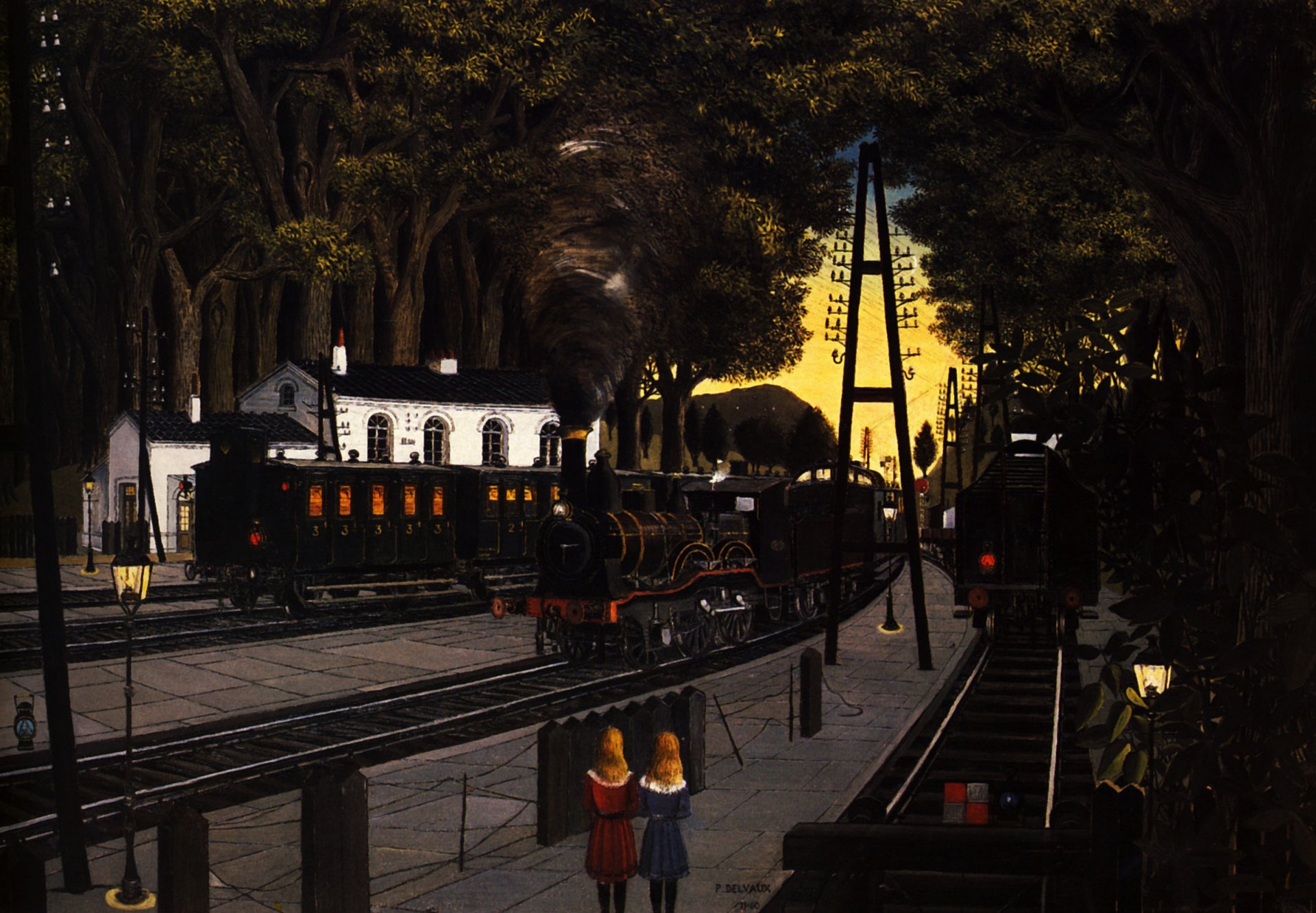 pittura arte paul delvaux disegno stazione locomotive a vapore fumo rotaie alberi stazione persone lanterne