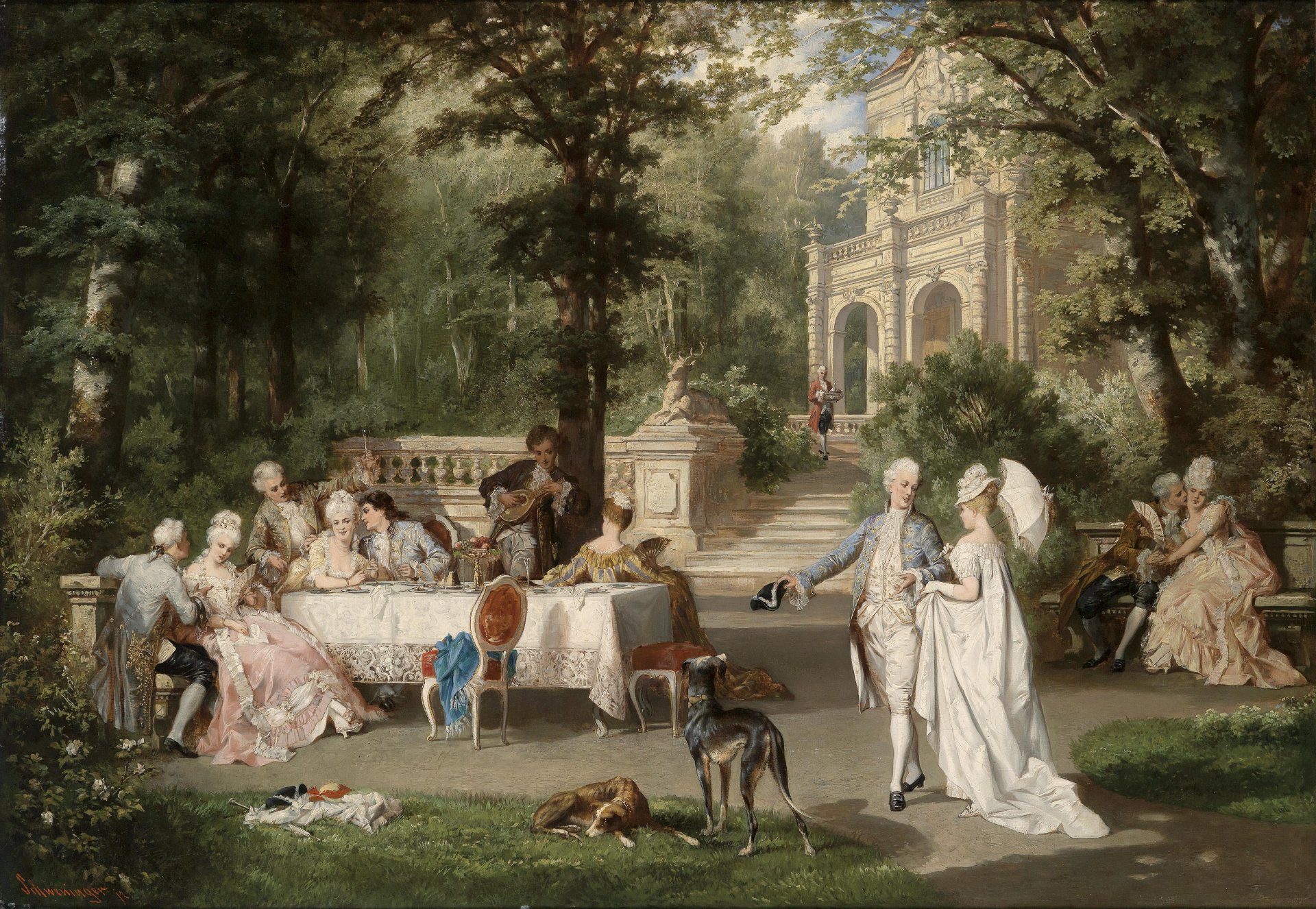 karl jr. schweninger austria viena siglo 19 imagen galante gesellschaft im schlosspark palacio parque árboles señoras señores mesa perros galgos karl schweninger jr. siglo 19 pintura sociedad galante en schlosspark