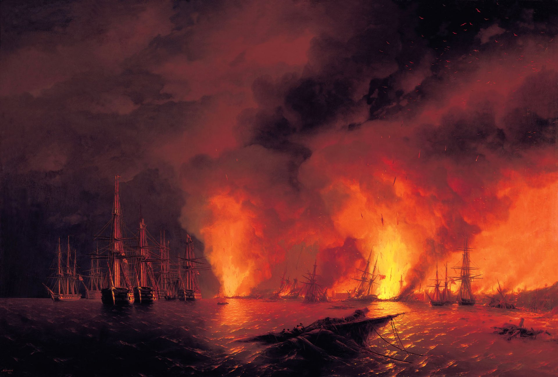 ivan aivazovsky painting battle genre night sea ships battle