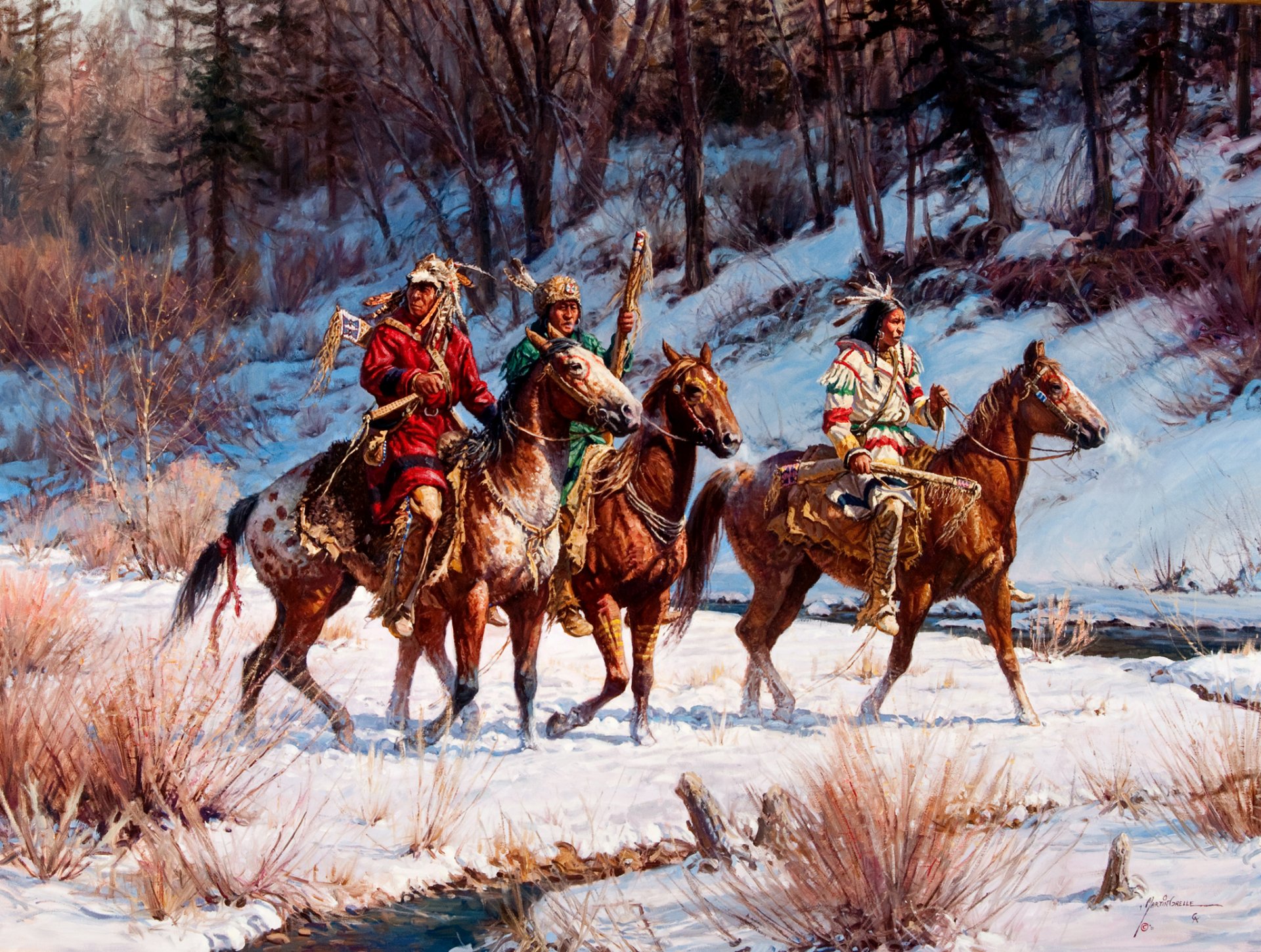 martin grel en la búsqueda de invierno pintura paisaje invierno reloj indios caballo bosque arroyo