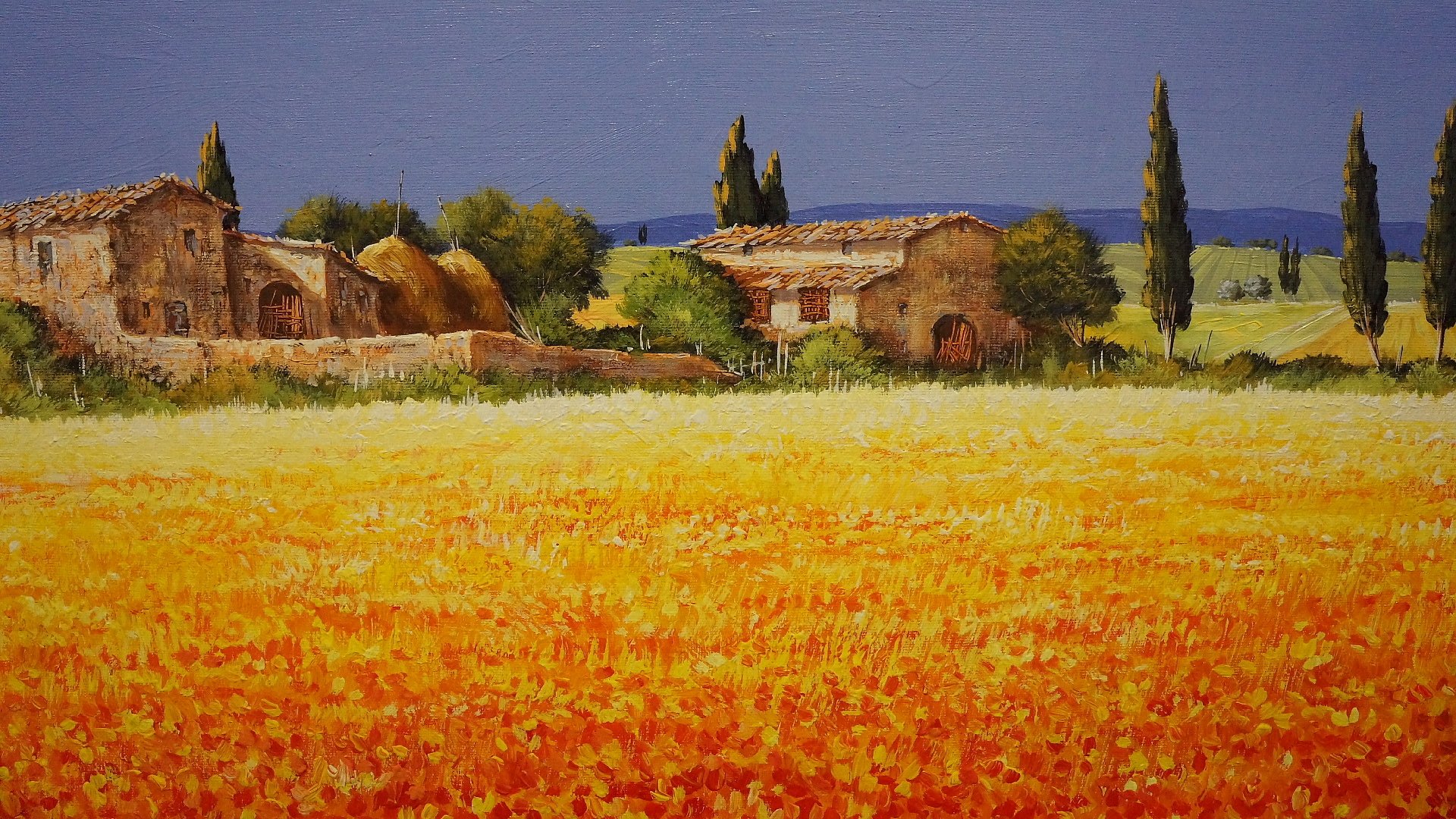 bild landschaft italien toskana haus himmel bäume feld blumen