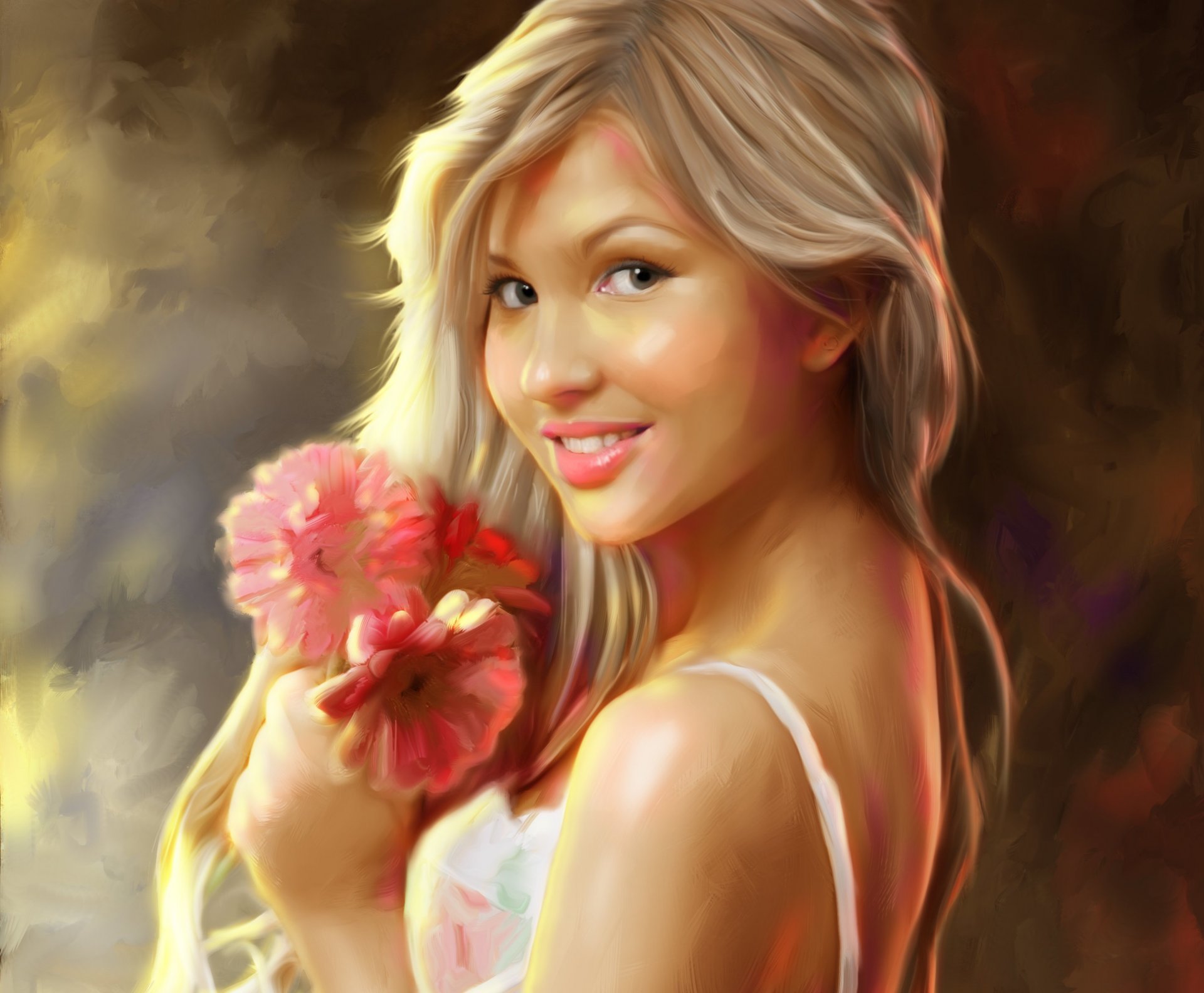 arte chica rubia sonrisa flores