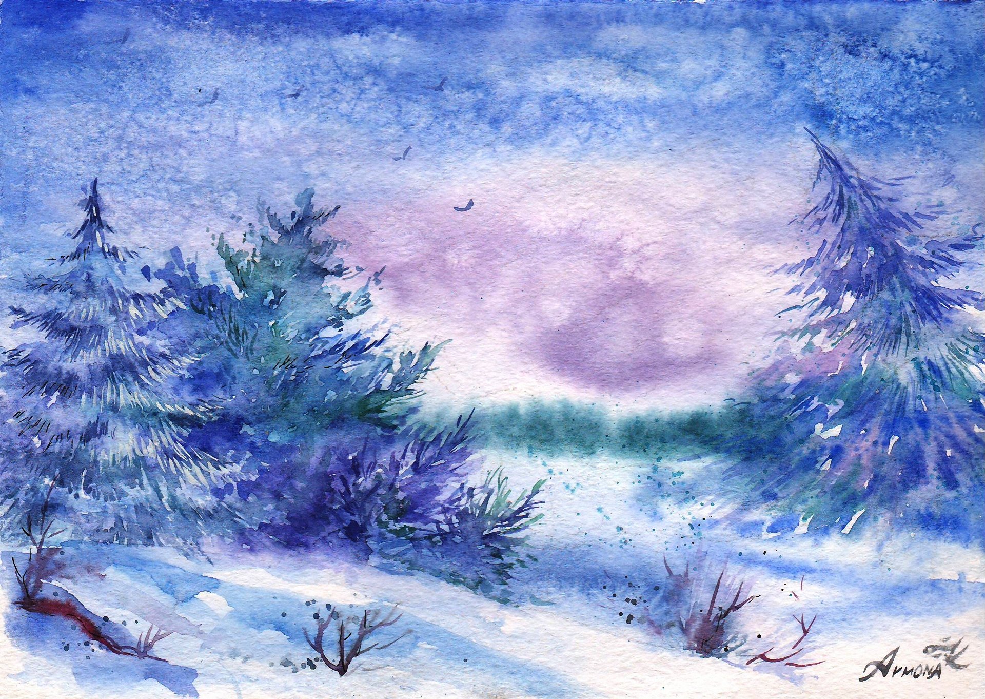 paysage dessiné aquarelle hiver oiseaux neige