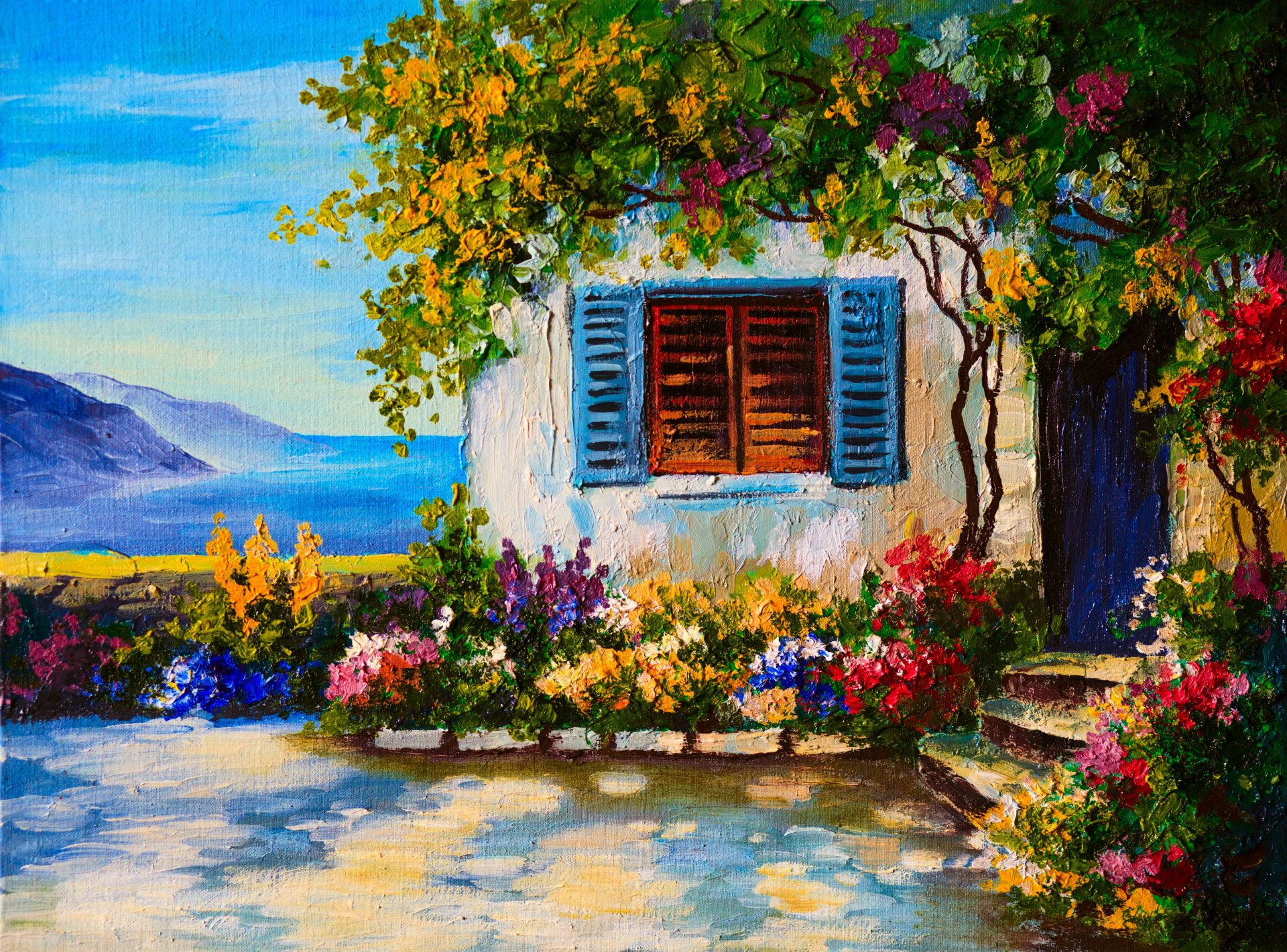 house window shutters river beds flower garden