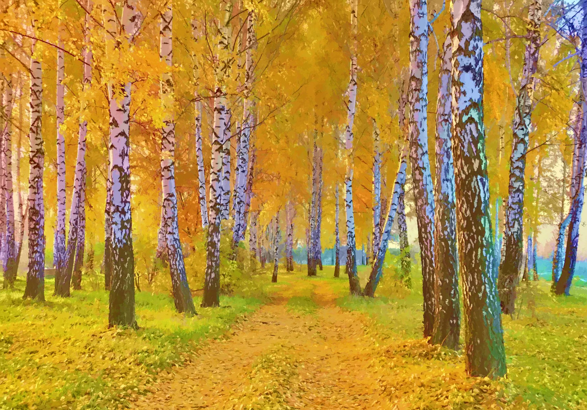 peinture paysage automne route arbres bouleaux feuilles herbe