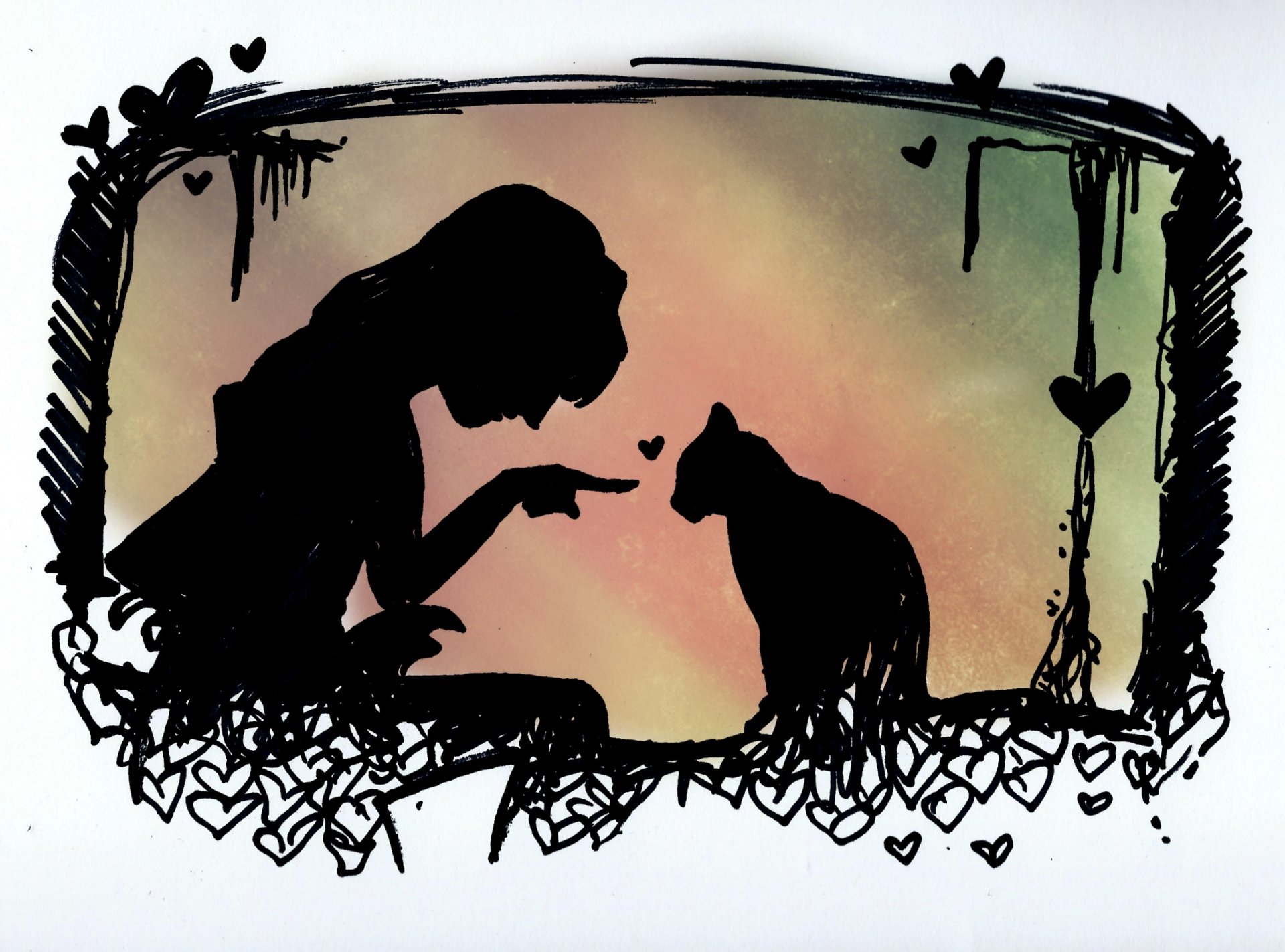 silhouettes fille chat animal coeur