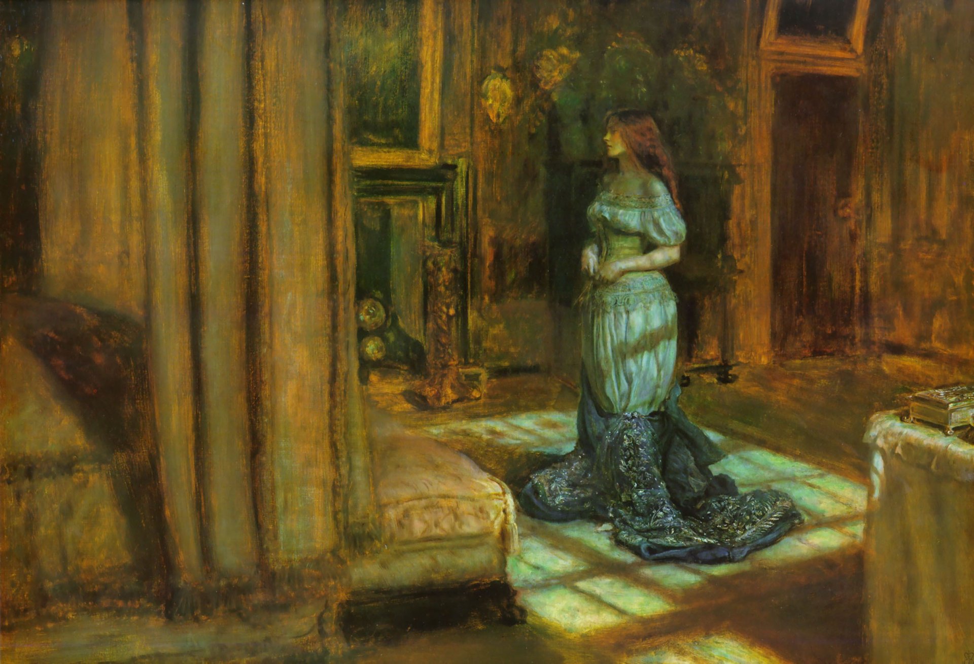 pattern john everett millais the eve of saint agnes room night dark girl red skirt corset bed canopy fireplace doors box