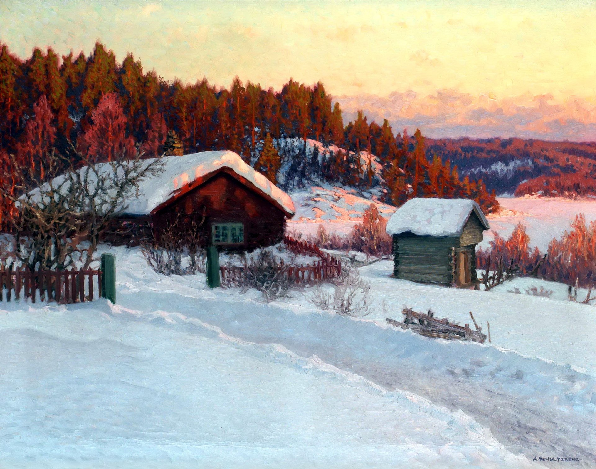 pittura paesaggio anshelm schultzberg inverno villaggio casa capanna neve cumuli di neve foresta colline alberi recinzione alba