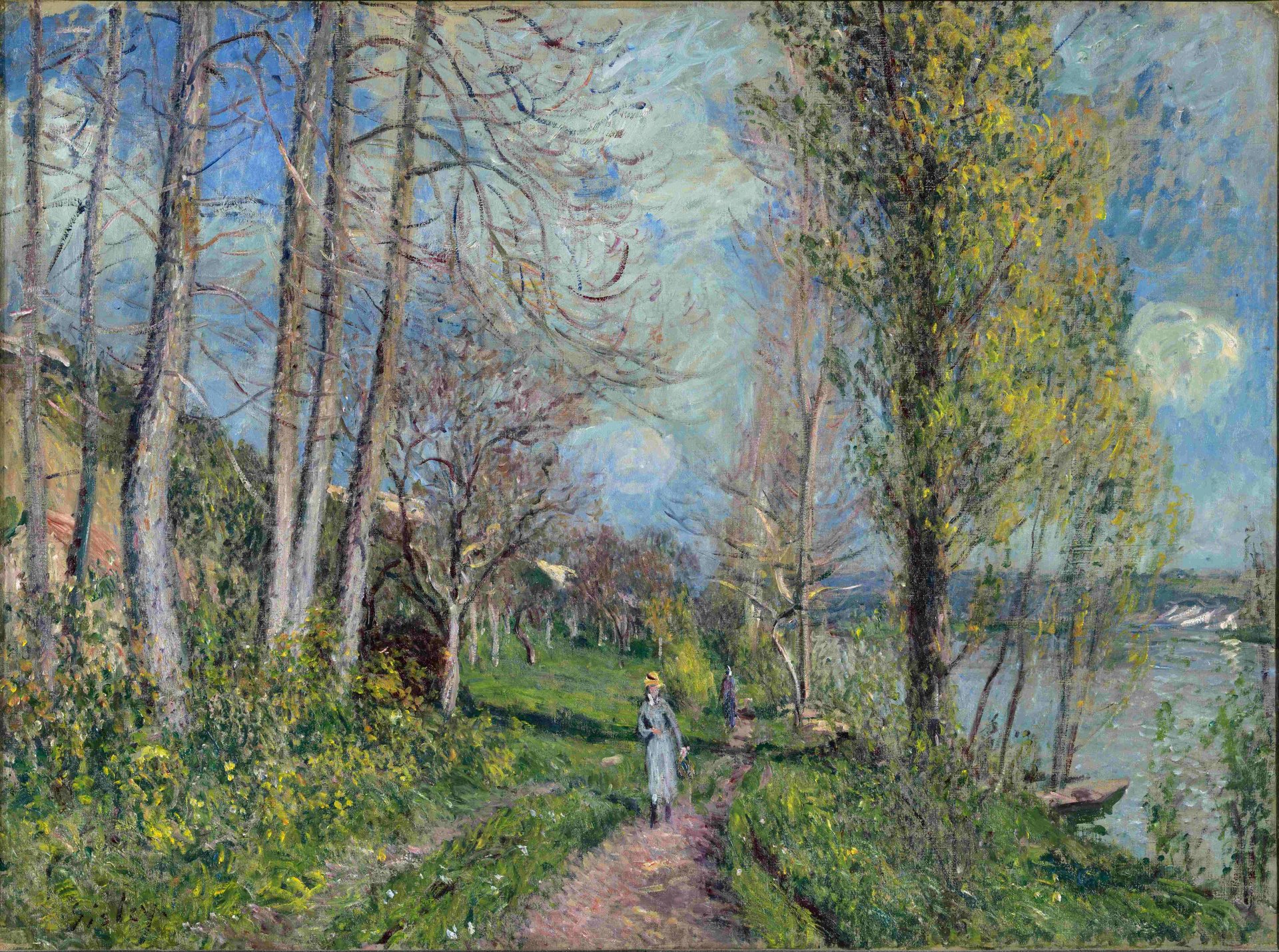 alfred sisley ścieżka dziewczyna spacer rzeka siano drzewa niebo chmury obraz