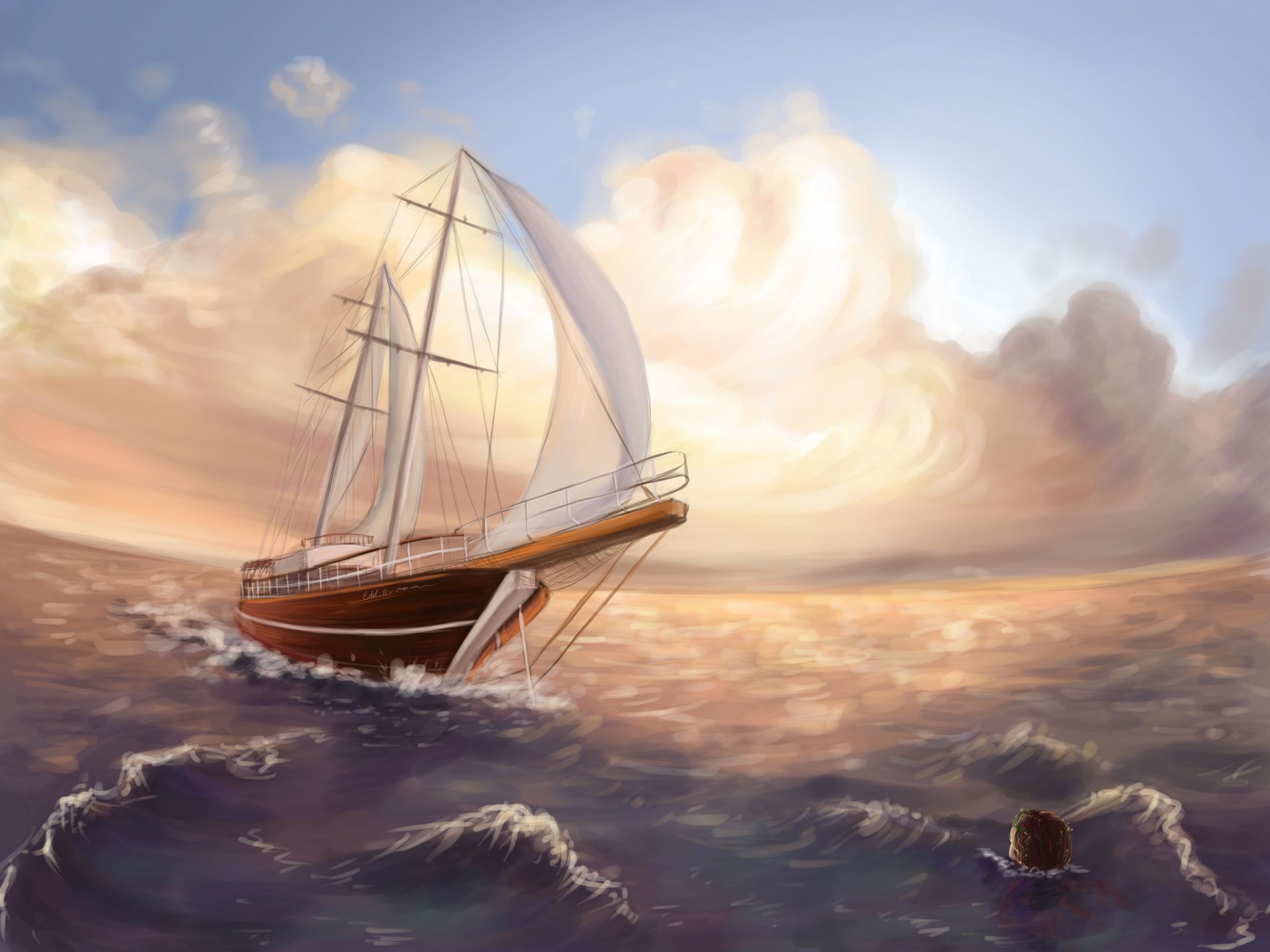 painting art sea waves ship mermaid clouds sky