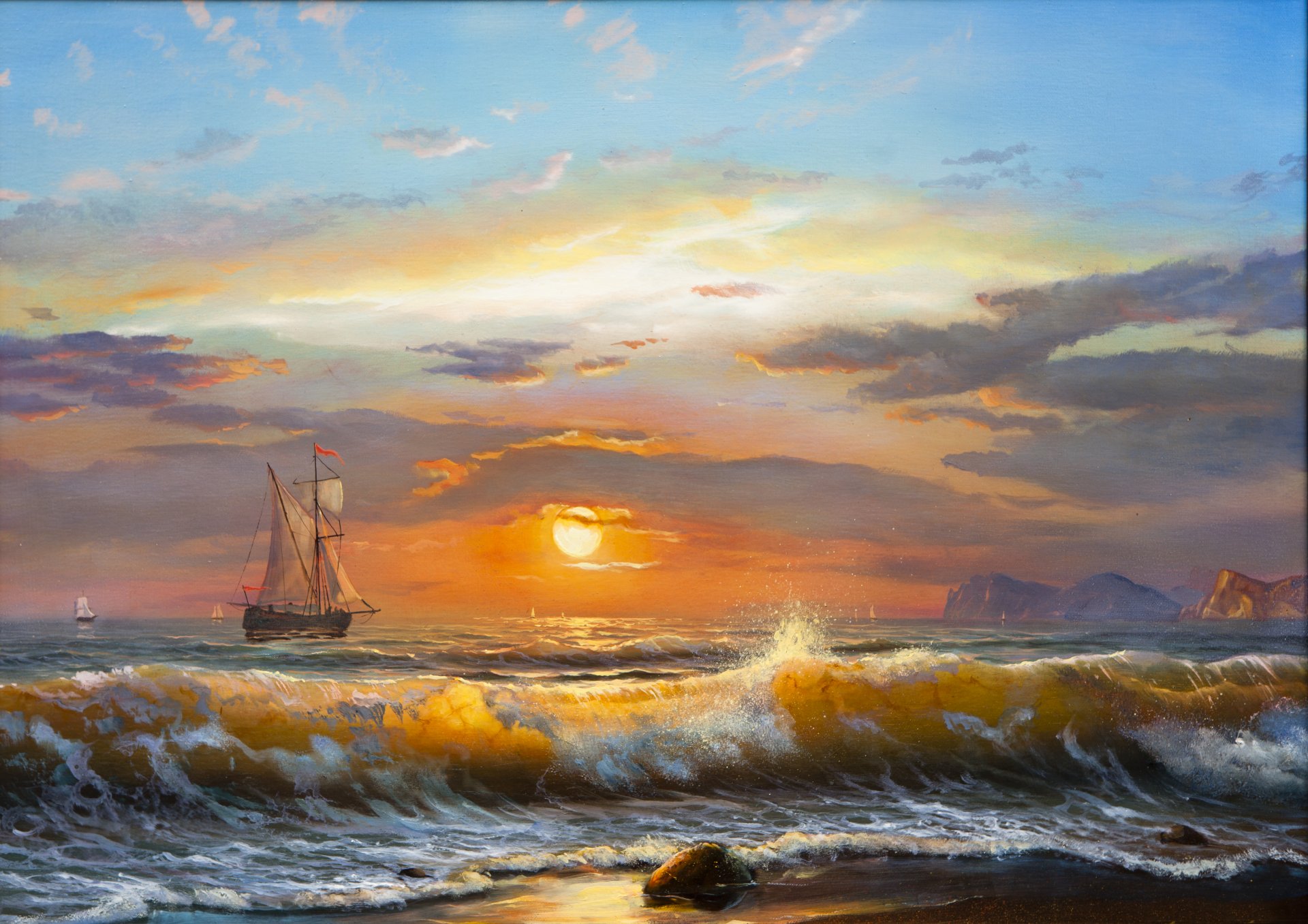 oil painting sailboat sea waves sunlight sunset landscape sky clouds sailboat