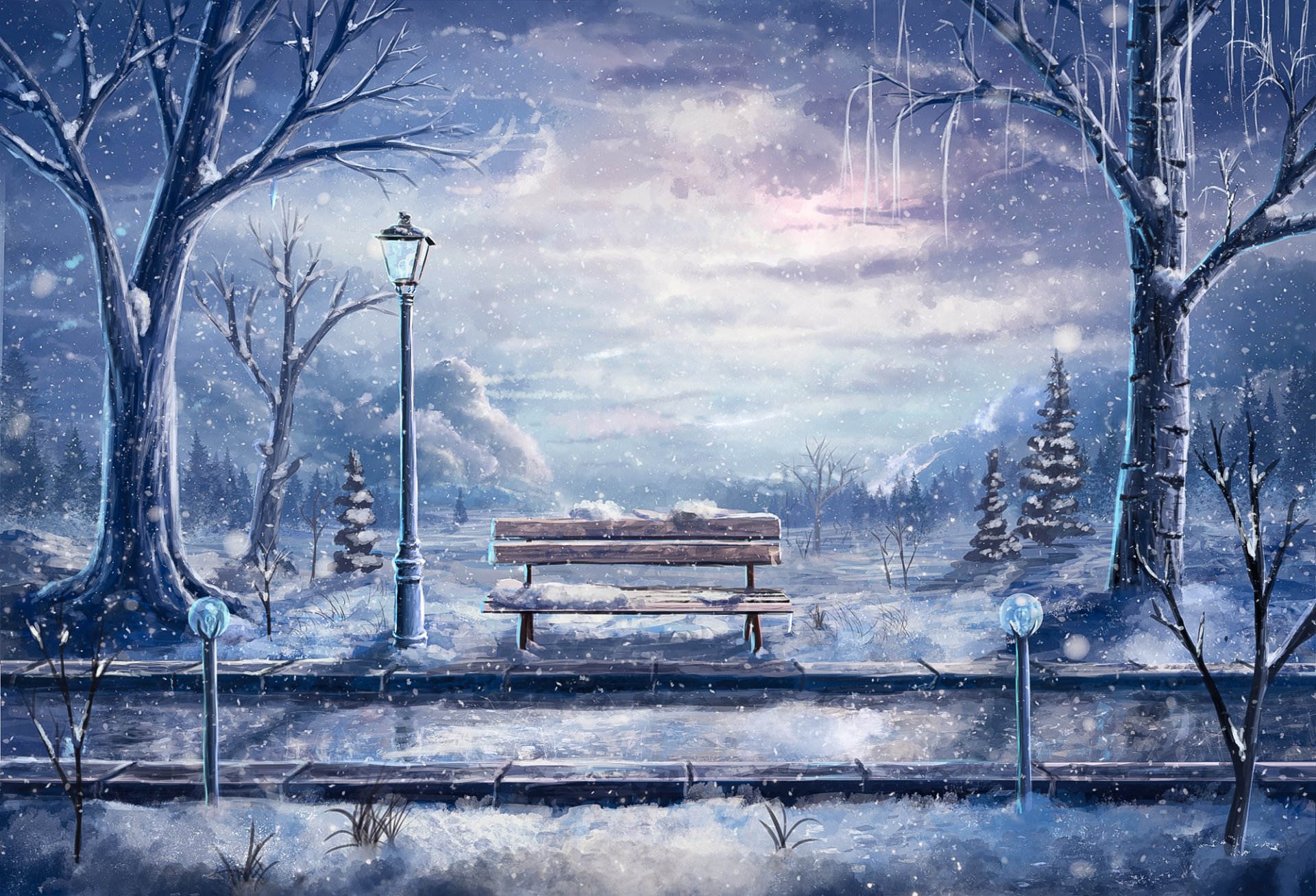 art paysage. hiver neige banc lanterne