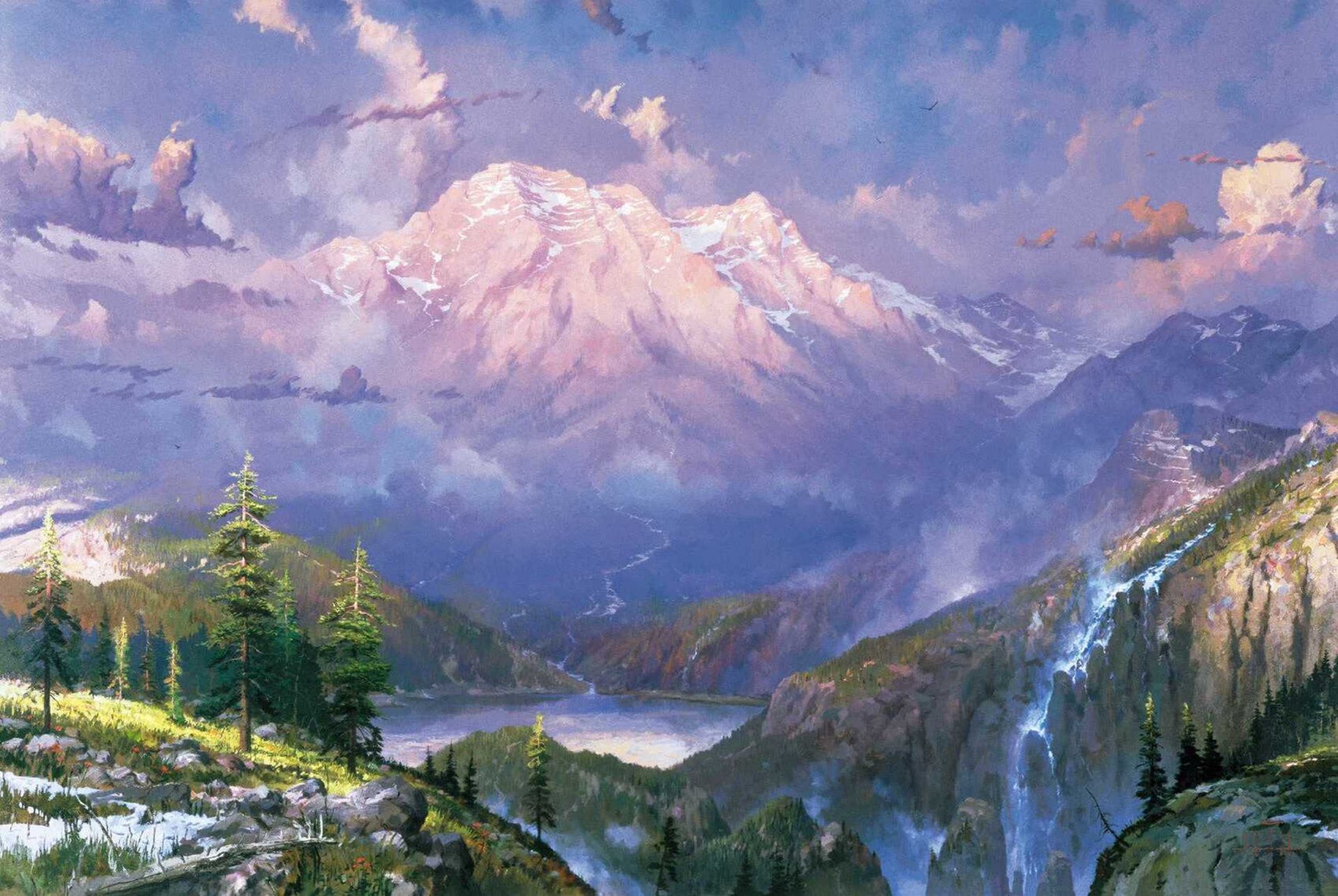 twilight vista thomas kincaid pittura natura montagna lago cascata neve crepuscolo paesaggio