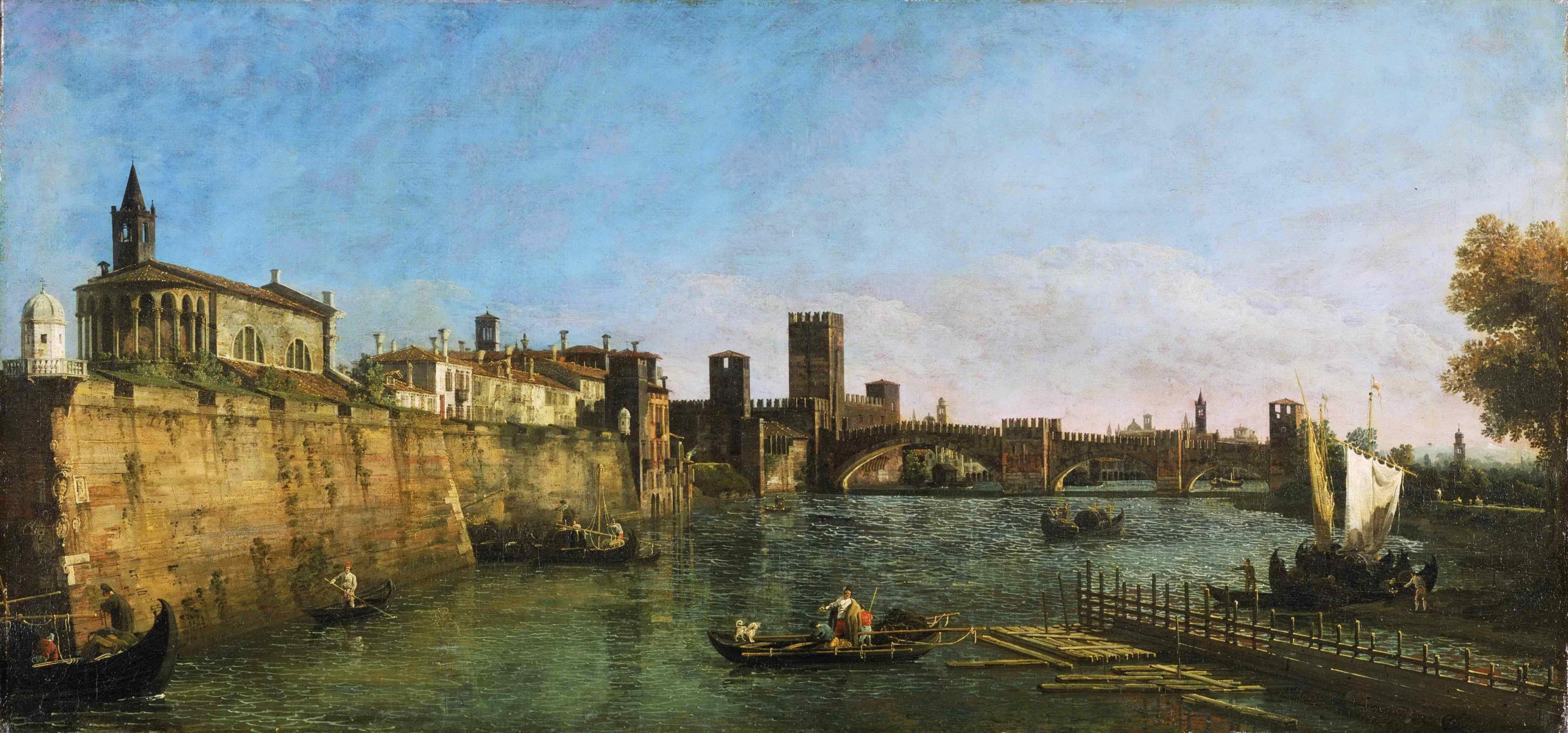 bernardo bellotto pittura italia città verona cielo mare ponte fiume parete lungomare torre case barca persone