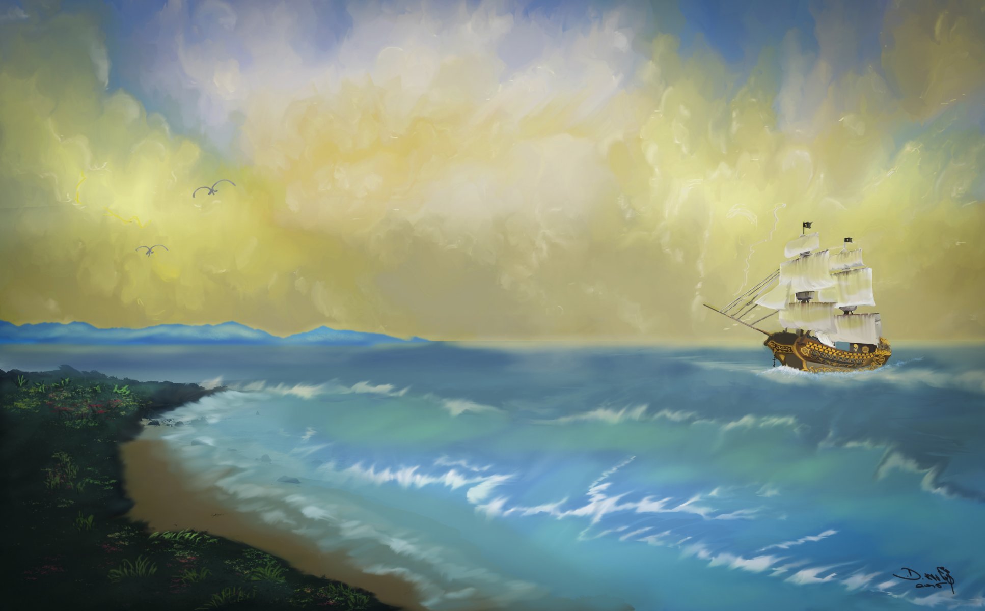 painting art sea ship waves beach sky gull