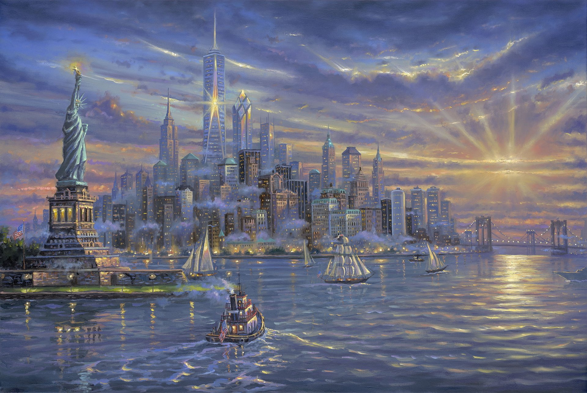 robert finale freedom tower new york art statue of liberty buildings night sunset sky clouds sea gulf yacht sailboats ship