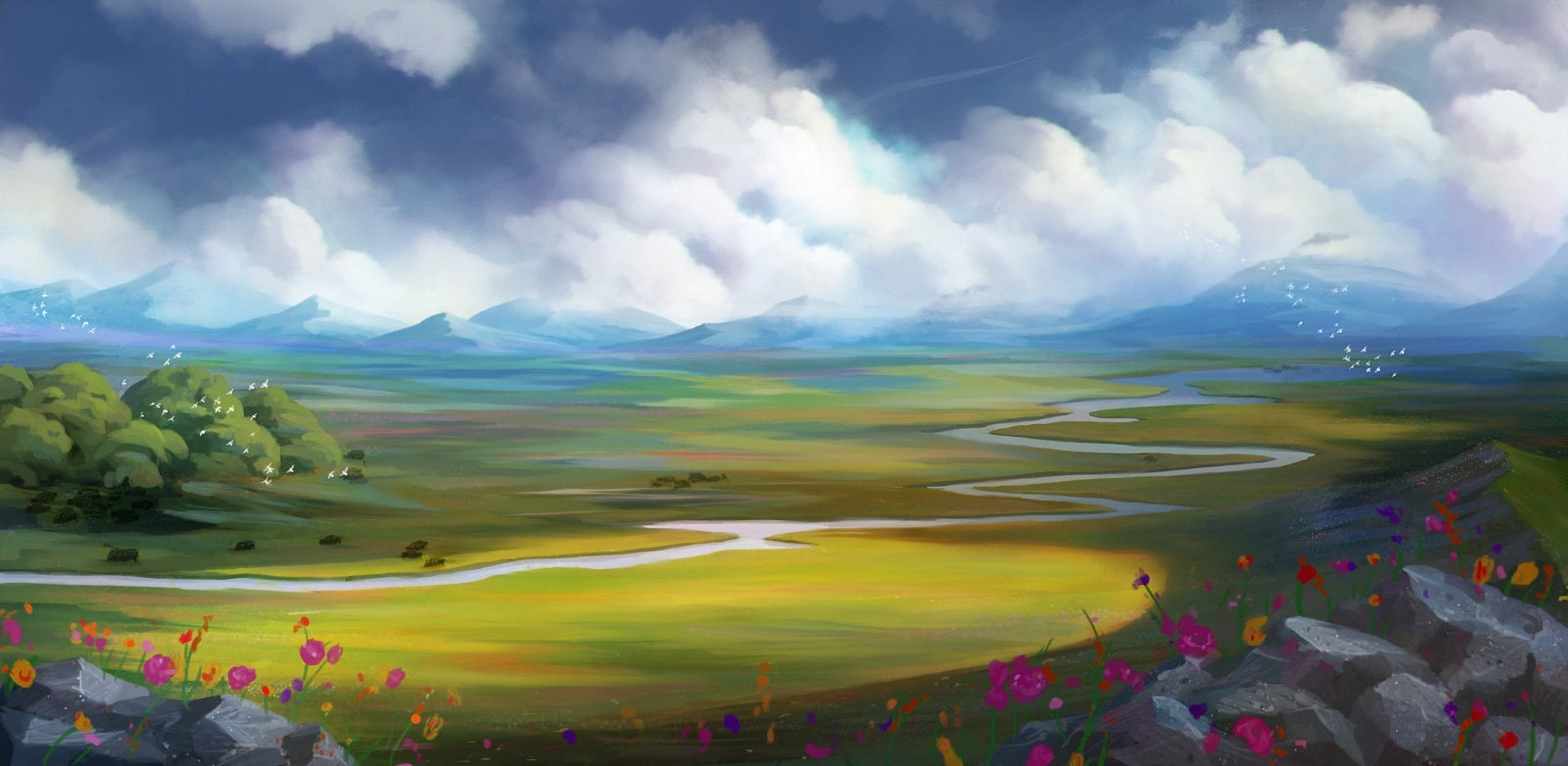 art painted landscape river flower clouds bird