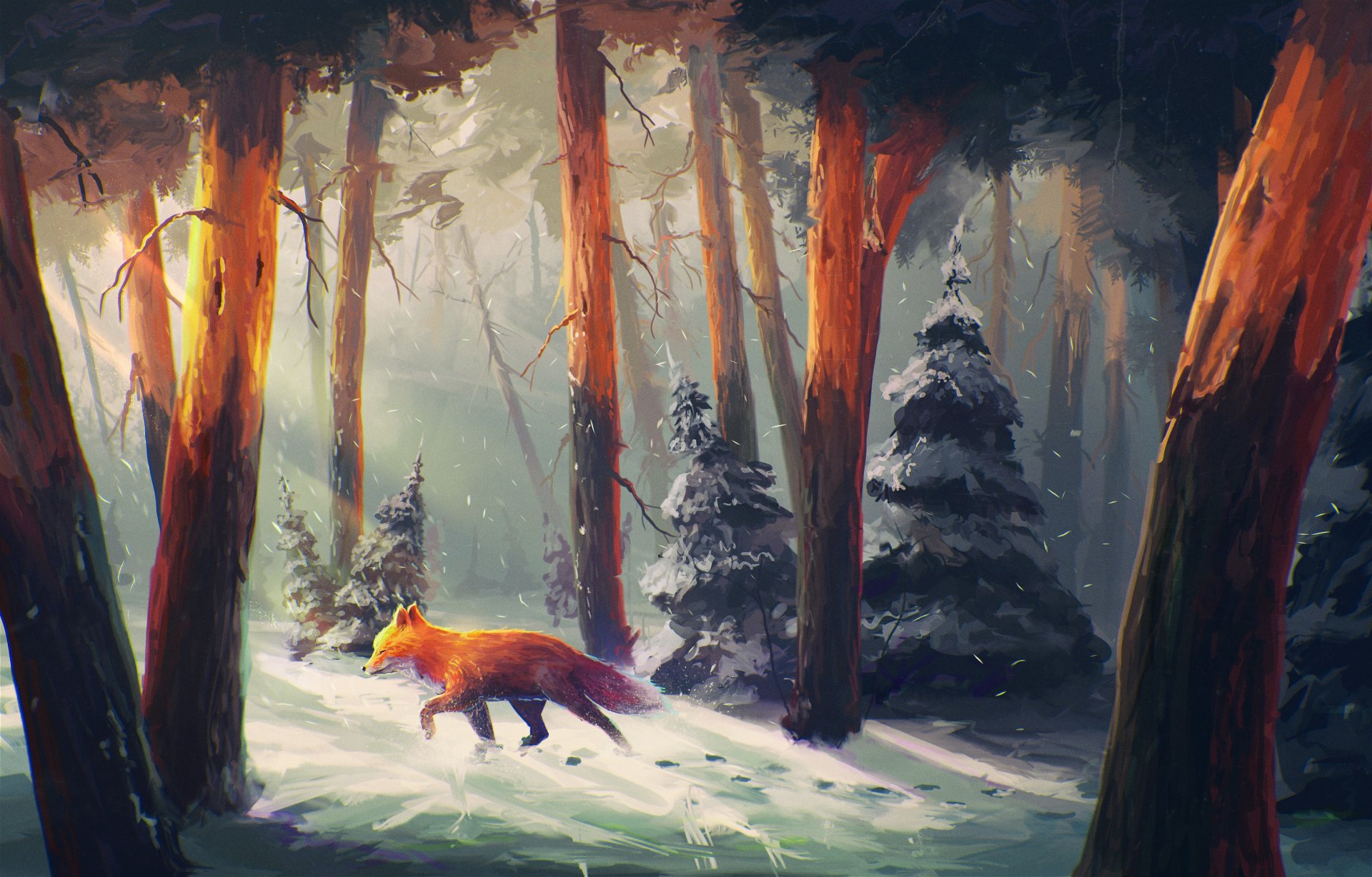 fox forest snow tree winter christmas tree art trace