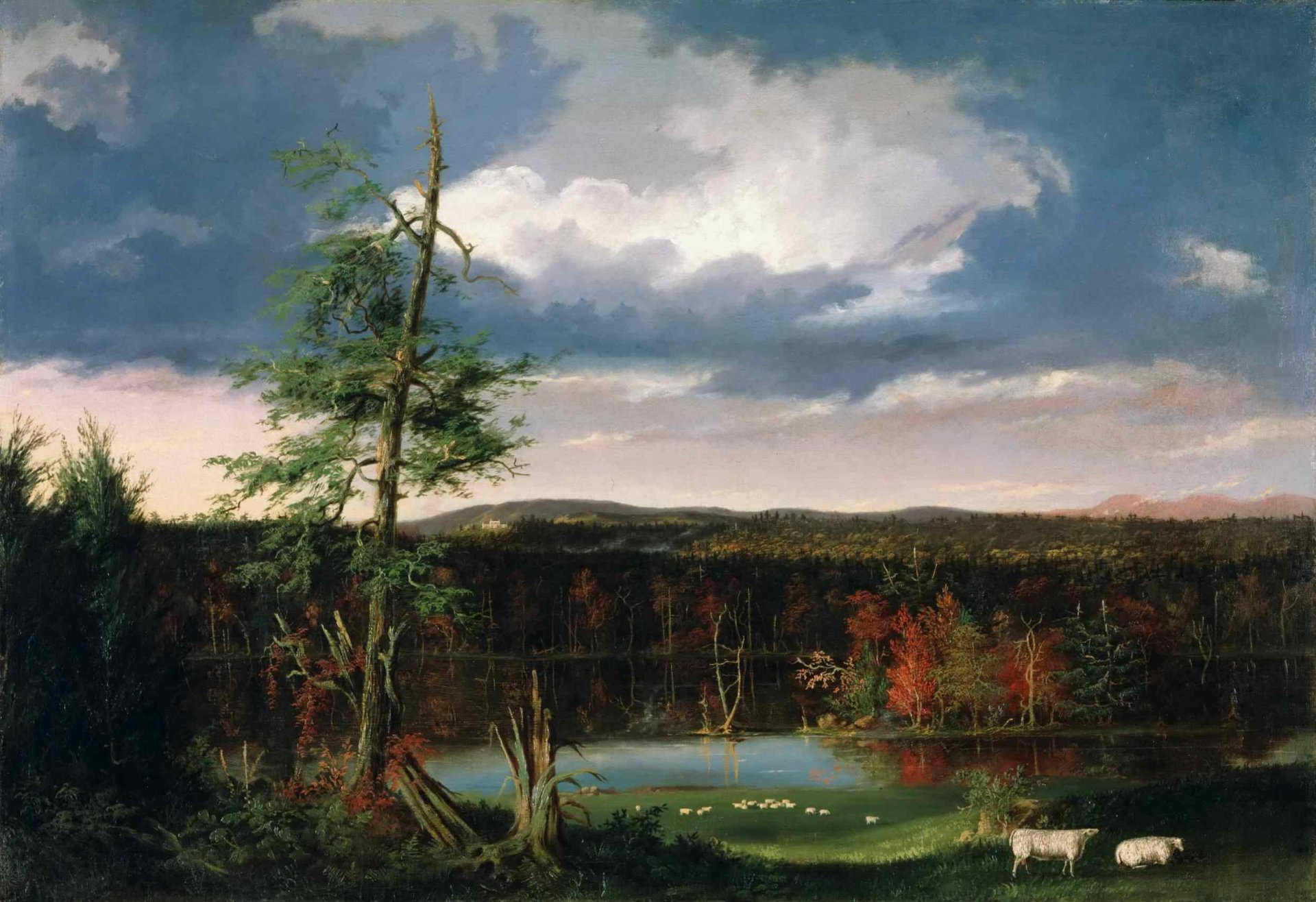 thomas cole bild landschaft wald himmel wolken see kühe baum herbst