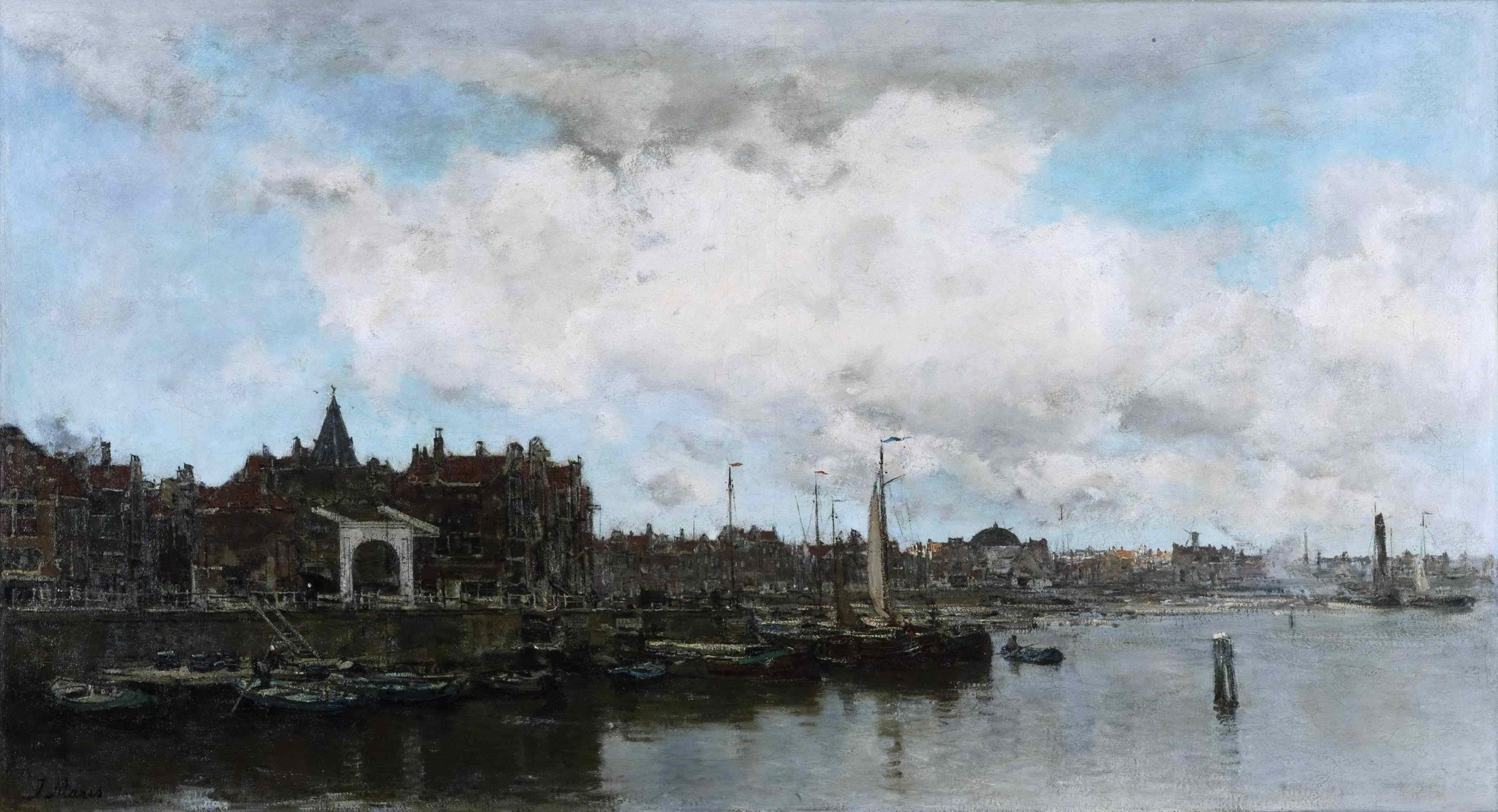 jacob hendricus maris pittura paesaggio cielo nuvole fiume mare città barca vela lungomare casa porto