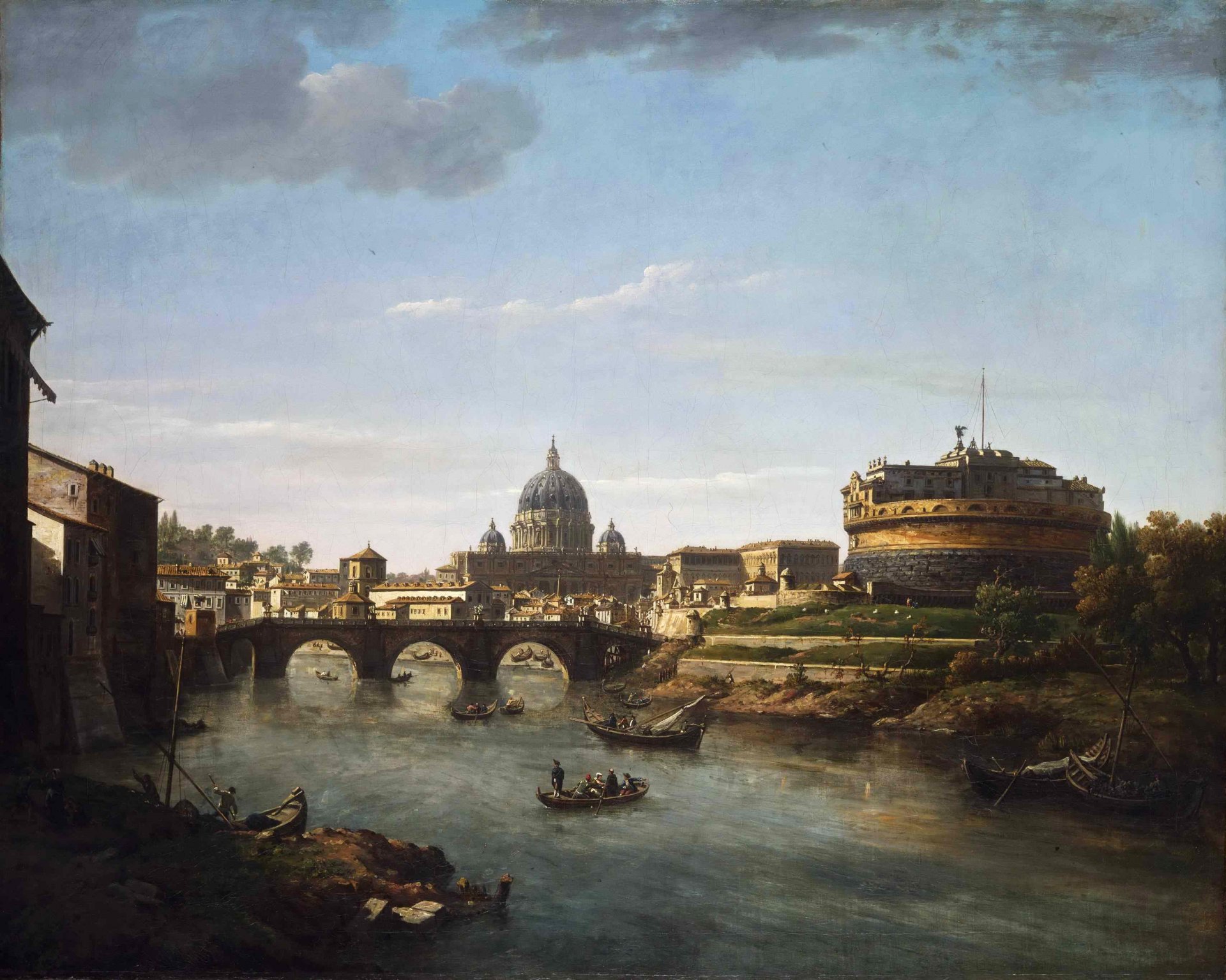 william marlow gemälde rom brücke kathedrale turm kuppel boot menschen fluss tiber himmel wolken