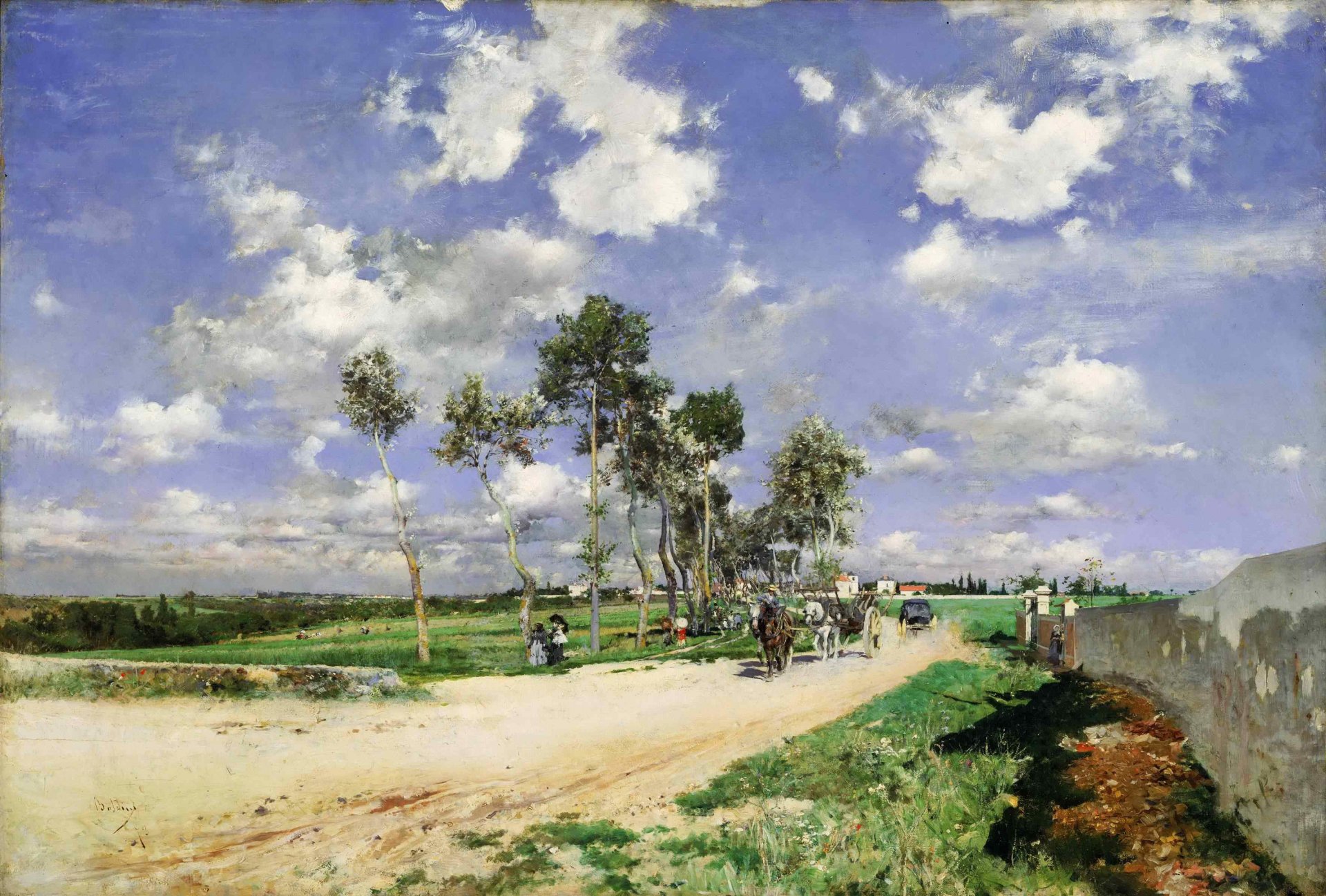 giovanni boldini obraz krajobraz niebo chmury wóz koń ludzie droga drzewa trawa las horyzont