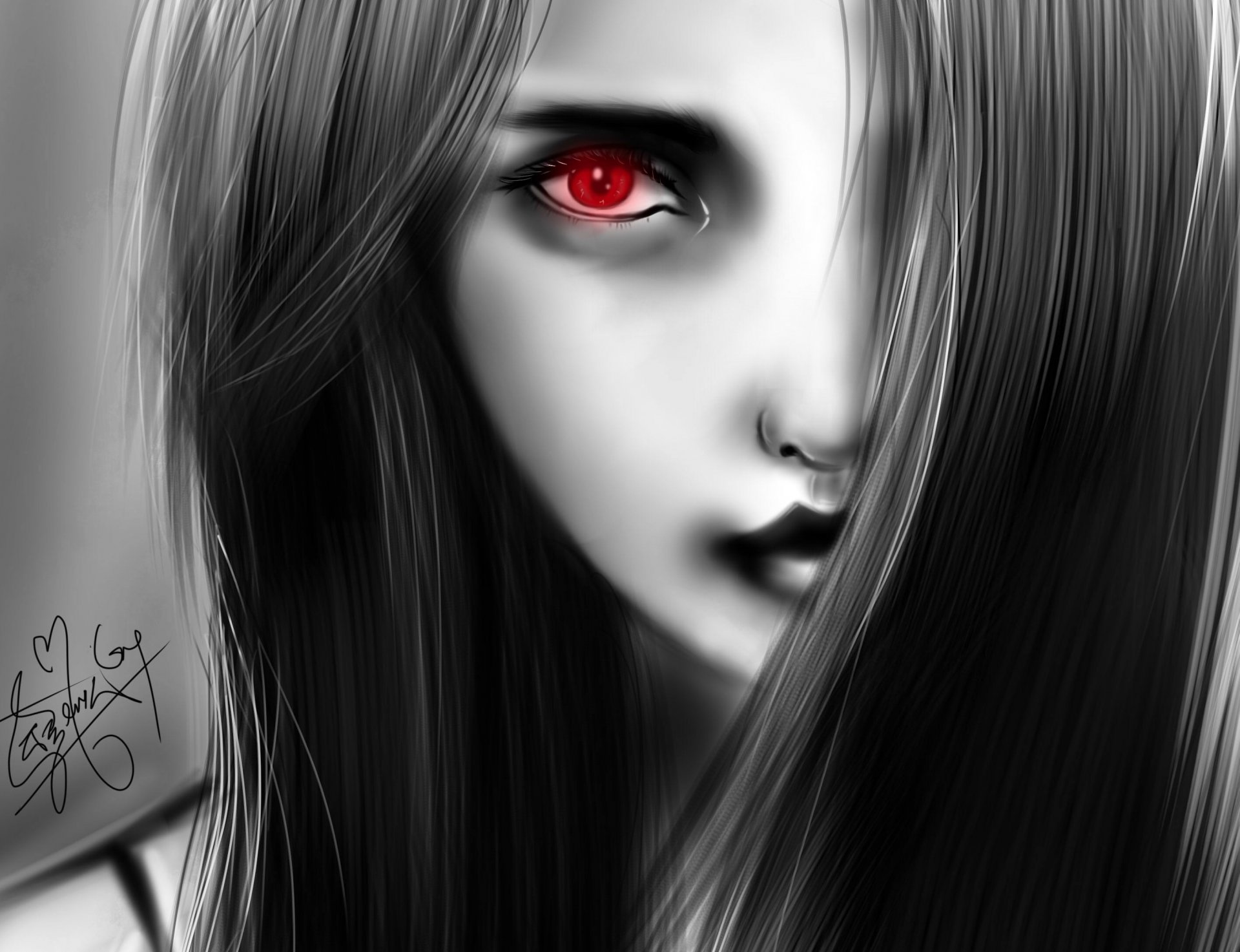 dessin fille visage cheveux rouge oeil monochrome noir et blanc