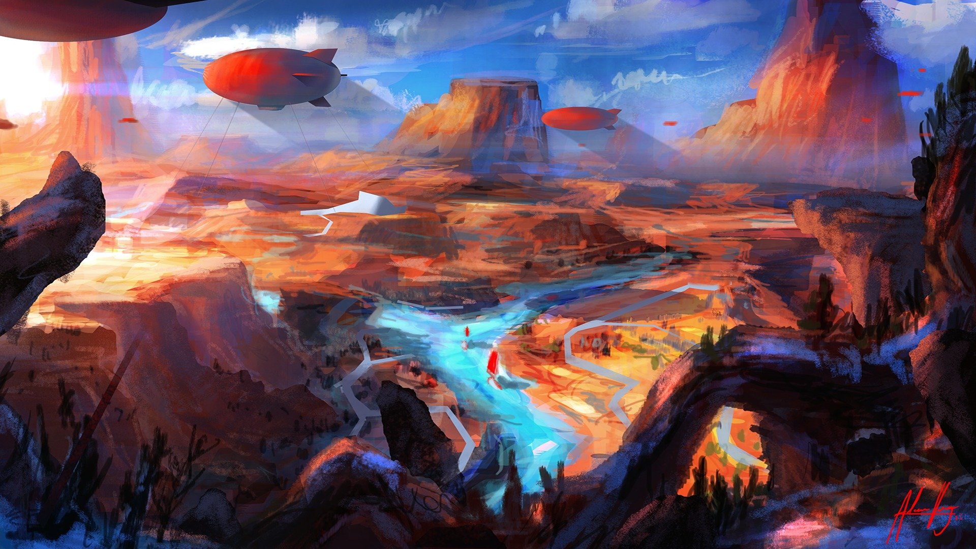 art painted landscape airships river