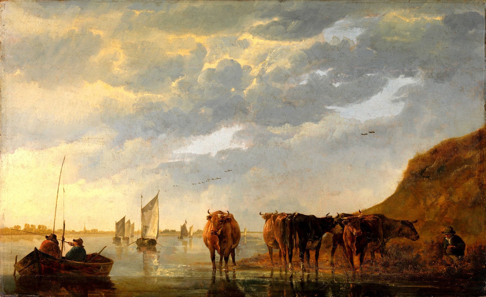 aelbert cuyp shepherd with five cows on a river pattern landscape sky river boat people sail