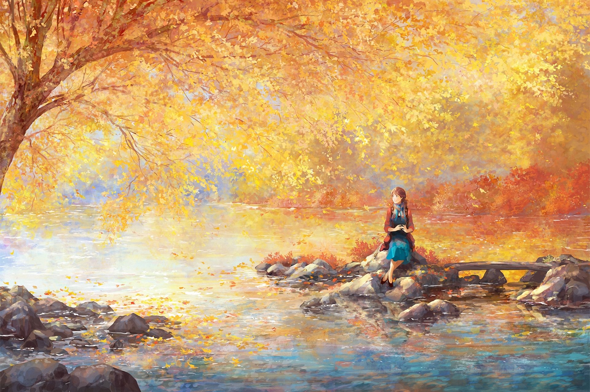 art painted landscape river supplies girl tree stones foliage