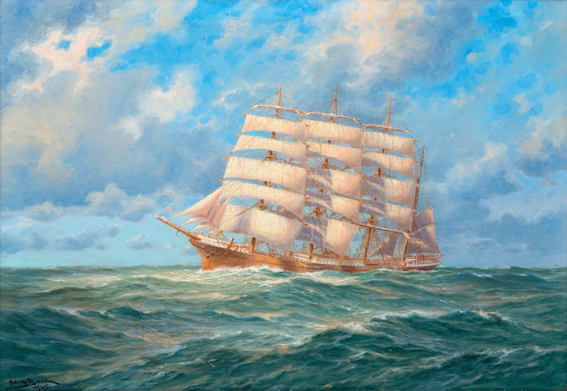 mare. onde nave barca a vela orizzonte cielo nuvole pittura olio su tela. artista adolf konrad walter bock