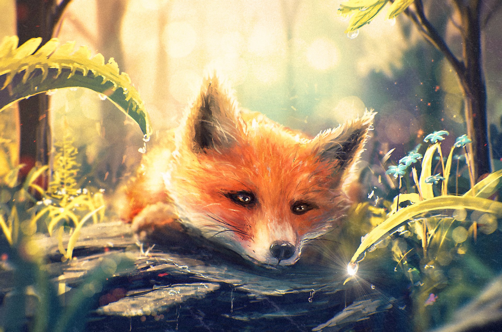 fox art grass drop forest muzzle fox