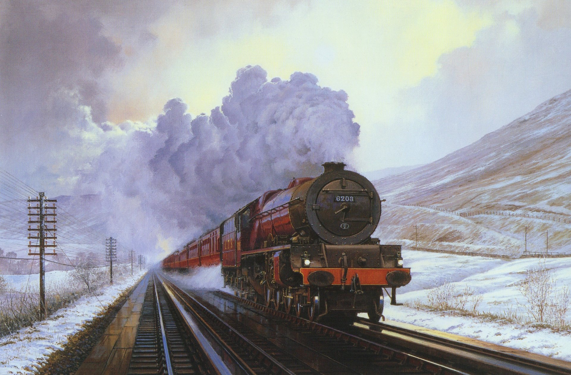 pintura lienzo paisaje montaña tren locomotora de vapor humo coche invierno nieve